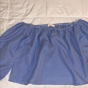 checkered blue and white off the shoulder top